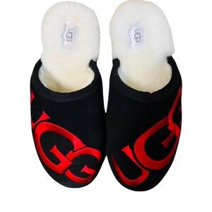 UGG Black Slip-On Slippers with Red Logo NEW